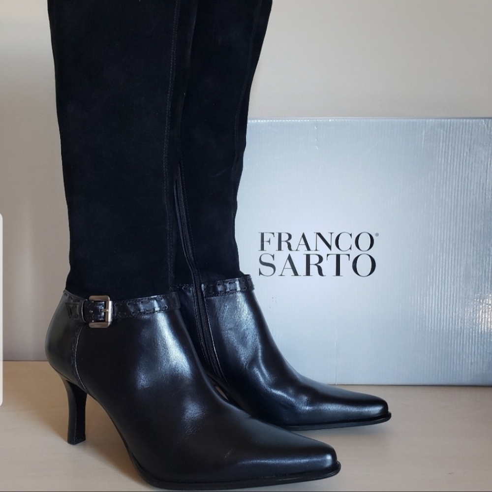Franco Sarto Black Leather & Suede Knee-High Heeled Boots